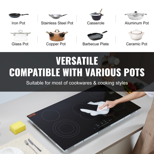 VEVOR 36 inch Electric Cooktop, 5 Burners Built-in Electric Stove Top, 8600W Ceramic Top Radiant Cooktop with Glass Panel, Touch Control, Timer,
