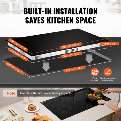 VEVOR 36 inch Electric Cooktop, 5 Burners Built-in Electric Stove Top, 8600W Ceramic Top Radiant Cooktop with Glass Panel, Touch Control, Timer,
