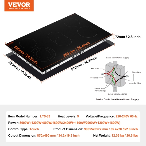 VEVOR 36 inch Electric Cooktop, 5 Burners Built-in Electric Stove Top, 8600W Ceramic Top Radiant Cooktop with Glass Panel, Touch Control, Timer,