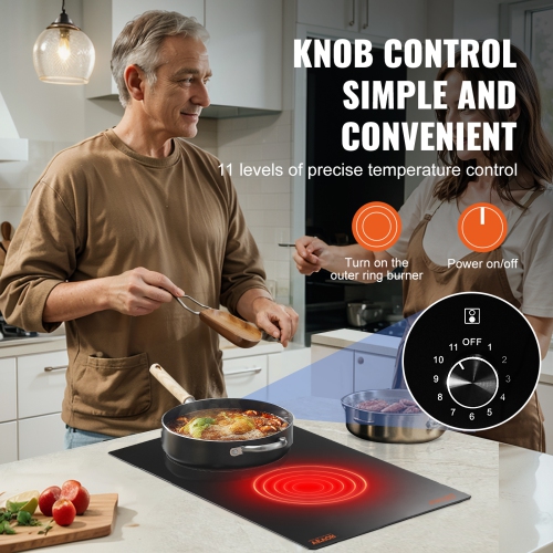 VEVOR 12 inch Electric Cooktop, 2 Burners Built-in Electric Stove Top, 1800W Ceramic Top Radiant Cooktop, with Glass Panel, Knob Control, 11 Heat