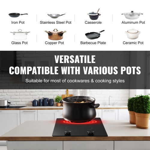 VEVOR 12 inch Electric Cooktop, 2 Burners Built-in Electric Stove Top, 1800W Ceramic Top Radiant Cooktop, with Glass Panel, Knob Control, 11 Heat
