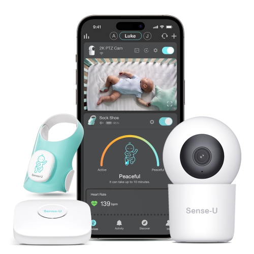 Sense-U Baby Sock Shoe Bundle Smart Baby Monitor: Sock Shoe Plus 2K PTZ Camera - Track Sleep Patterns, Heart Rate, Movement, AI Cry Detection, Audio,