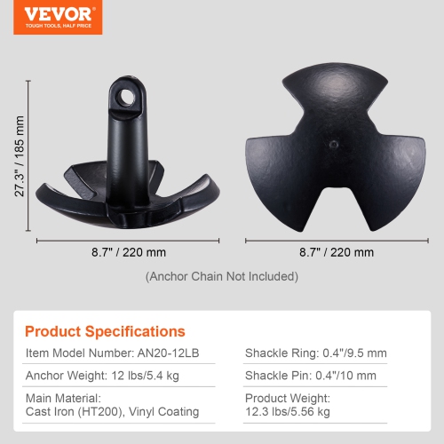 VEVOR 12 LBS River Anchor, Boat Anchor Cast Iron Black Vinyl-Coated with Shackle,Marine Grade Mushroom Anchor for Boats Up To 10 ft,Impressive
