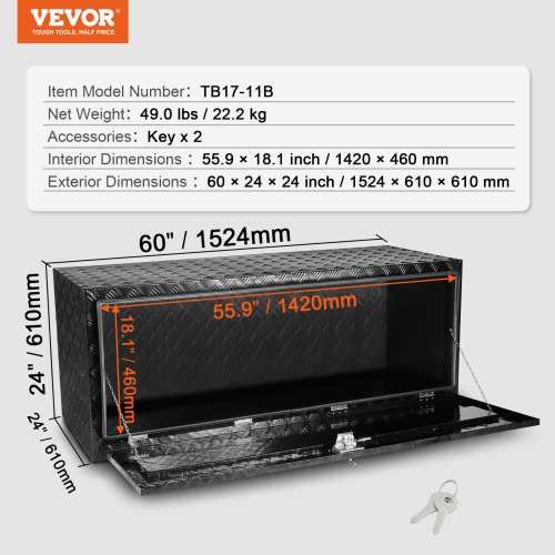 VEVOR 60" x 24" x 24" Underbody Truck Box, Pickup Storage Box, Heavy Duty Aluminum Diamond Plate Tool Box with Lock and Keys, Waterproof Trailer
