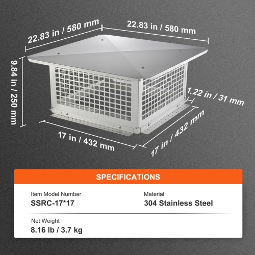 VEVOR 17 x 17 inch Chimney Cap, 304 Stainless Steel Fireplace Chimney Cover, Not Easily Toppled & Practical Accessories & Easy Installation, Fits