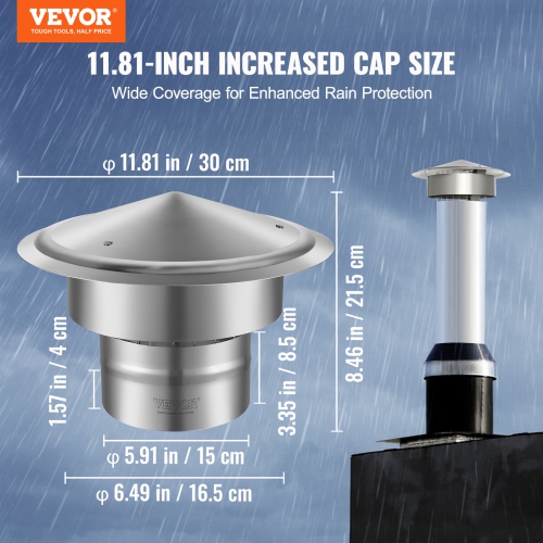 VEVOR 6 inch Chimney Cap, 304 Stainless Steel Round Roof Rain Cap, 11.81-inch Increased Caps, All Weather & Reinforced Screws & Easy Installation,