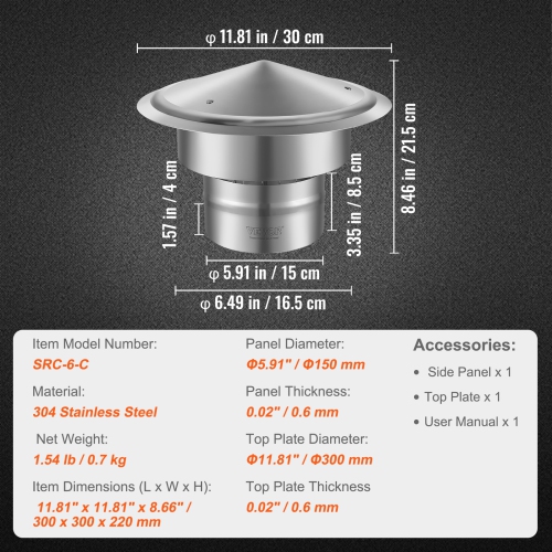 VEVOR 6 inch Chimney Cap, 304 Stainless Steel Round Roof Rain Cap, 11.81-inch Increased Caps, All Weather & Reinforced Screws & Easy Installation,