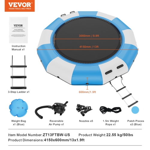Siège sauteur gonflable VEVOR 13&nbsp;pi, trampoline récréative, plateforme de natation rebondissante portative avec échelle en 3 marches et pompe à