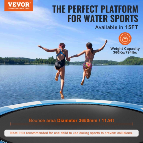 VEVOR 15ft Inflatable Water Bouncer, Recreational Water Trampoline, Portable Bounce Swim Platform with 3-Step Ladder & Electric Air Pump, Kids Adults