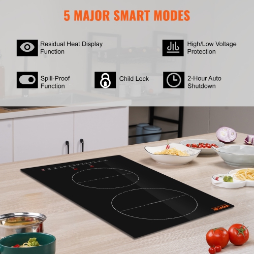 VEVOR 12'' Electric Cooktop,2 Burners,Induction Stove Top,Built-in Magnetic Cooktop 3000W, 9 Heating Level Multifunctional Burner, LED Touch Screen