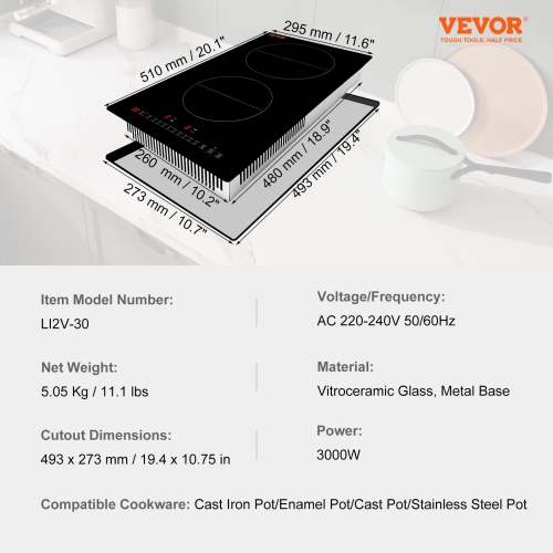 VEVOR 12'' Electric Cooktop,2 Burners,Induction Stove Top,Built-in Magnetic Cooktop 3000W, 9 Heating Level Multifunctional Burner, LED Touch Screen