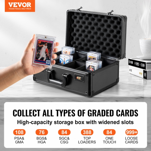 VEVOR 4 Slots, Graded Card Storage Box, Sports Cards Holder Carrying Case with Lock Foam Dividers, for 108 PSA Cards 76 BGS Cards 84 SGC Cards 388