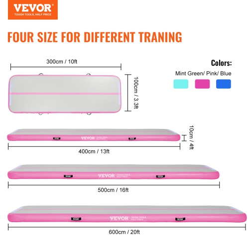 VEVOR 10 ft Gymnastics Air Mat, 4 inch Thickness Inflatable Gymnastics Tumbling Mat, Tumble Track with Electric Pump, Training Mats for Home