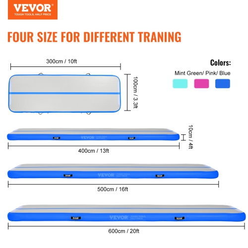 VEVOR 10 ft Gymnastics Air Mat, 4 inch Thickness Inflatable Gymnastics Tumbling Mat, Tumble Track with Electric Pump, Training Mats for Home