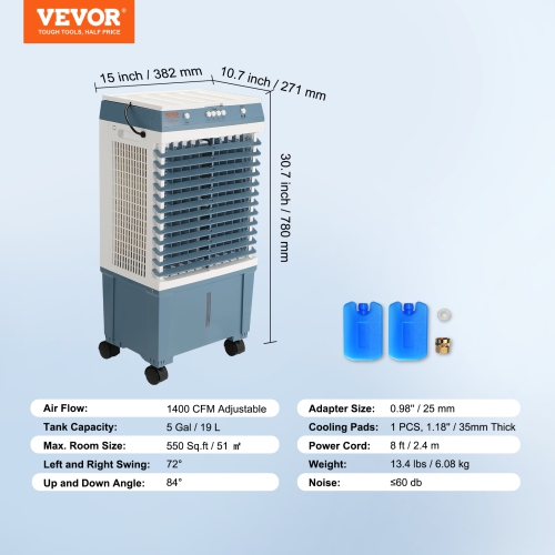 VEVOR 1400 Evaporative Cooler, CFM Air Cooler, 84° Oscillating Swamp Cooler ,5 Gal Air Cooler for 550 Sq.ft with 3 Speeds Adjustable Control, Indoor
