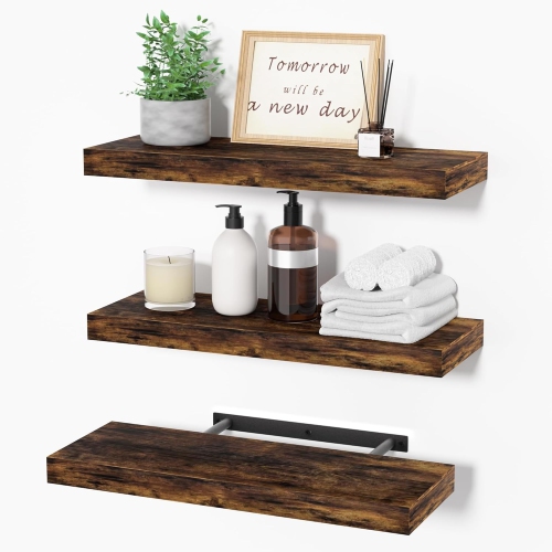 Image 1 de 7.. Ensemble de 3 tablettes flottantes rustiques UpSimple – Fixé au mur, brun