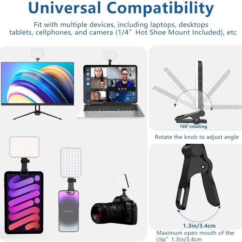 60 LED Portable Selfie Light Video Conference Lighting with Clip & Camera Tripod Adapter Rechargeable 2200mAh CRI 97+, 3 Light Modes for Phone iPhone