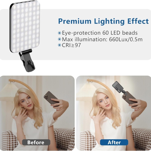 60 LED Portable Selfie Light Video Conference Lighting with Clip & Camera Tripod Adapter Rechargeable 2200mAh CRI 97+, 3 Light Modes for Phone iPhone
