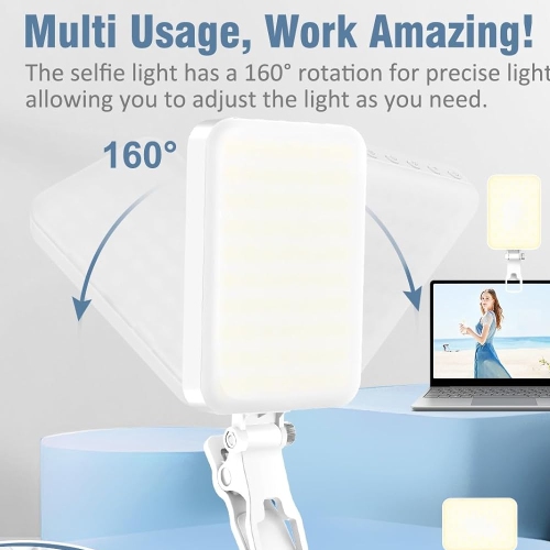 Égoportrait portatif à 60 DEL Éclairage de vidéoconférence avec pince et adaptateur trépied rechargeable 2200 mAh CRI 97+, 9 modes d'éclairage