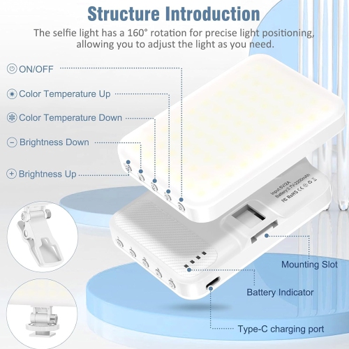 Égoportrait portatif à 60 DEL Éclairage de vidéoconférence avec pince et adaptateur trépied rechargeable 2200 mAh CRI 97+, 9 modes d'éclairage