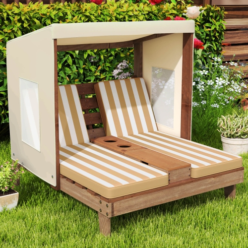 Costway Kids Double Chaise Lounge Patio Lounge Chair with Cup Holders & Awning