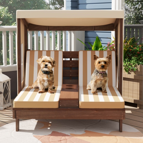 Costway Kids Double Chaise Lounge Patio Lounge Chair with Cup Holders & Awning