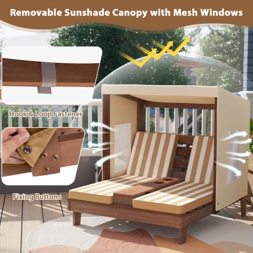 Costway Kids Double Chaise Lounge Patio Lounge Chair with Cup Holders & Awning