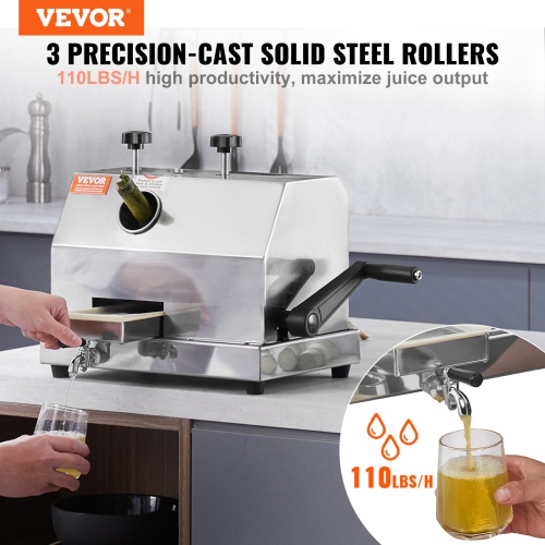 VEVOR 110LBS/H Commercial Sugar Cane Juicer, Sugarcane Juicer Machine with 3 Stainless Steel Rollers and 2.4" Large Inlet, Manual Sugarcane Juice