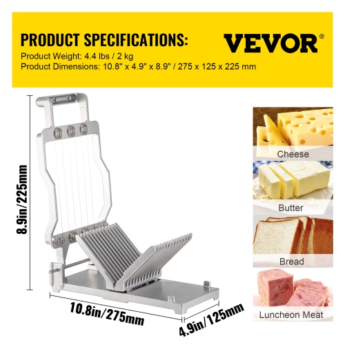 VEVOR 1 cm & 2 cm Cheese Cutter With Wire, Cheeser Butter Cutting Blade Replaceable Cheese Slicer Wire, Aluminum Alloy Commercial Cheese Slicer with