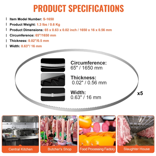 VEVOR 65x0.63x0.02 inch Band Saw Blade, 5 PCS/Pack Meat Bandsaw Blades for Replacement, Carbon Steel Blade, Meat Cutting Blade Wrapped by Rust-Proof