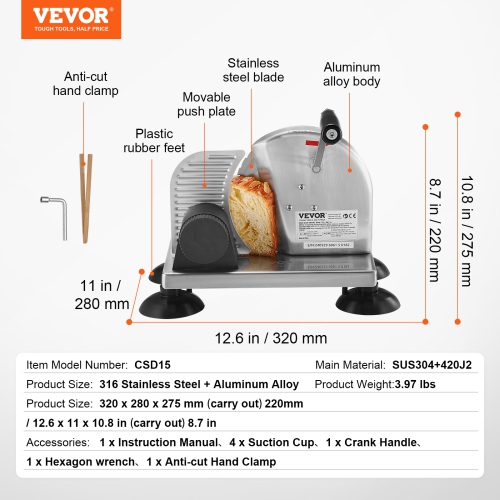 VEVOR 0-6" Adjustable Thickness Manual Bread Slicer, Cheeser Butter Cutting, Micro-Serrated Stainless Steel Blade, Aluminum Alloy Commercial Cheese