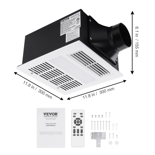 VEVOR Bathroom Exhaust Fan, 1500W Heating, 110 CFM High-Efficiency Ventilation, 1.5sones Low Noise Operation, Energy-Saving Bathroom Ceiling Fan, For