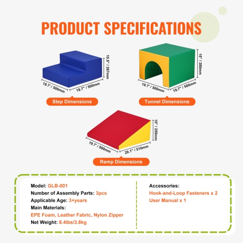 VEVOR 3 pcs, Single Tunnel Climber, Toddler Playset, Foam Climbing Blocks for Toddlers, Kids Tunnel Maze with Stairs and Ramp, Indoor for Toddlers