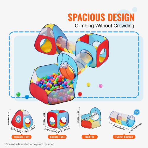 VEVOR 5 in 1 Kids Play Tent with Tunnel, Basketball Hoop for Boys, Girls, Babies and Toddlers, Indoor/Outdoor Pop Up Playhouse with Carrying Bag &