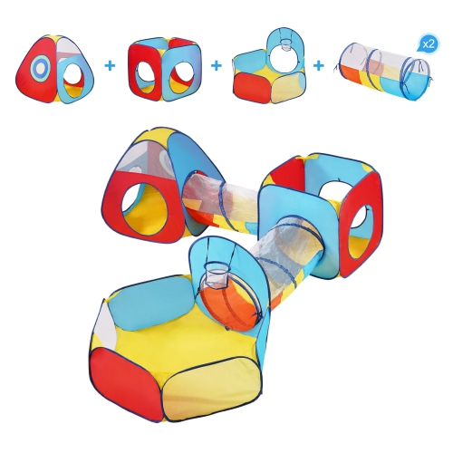 VEVOR 5 in 1 Kids Play Tent with Tunnel, Basketball Hoop for Boys, Girls, Babies and Toddlers, Indoor/Outdoor Pop Up Playhouse with Carrying Bag &