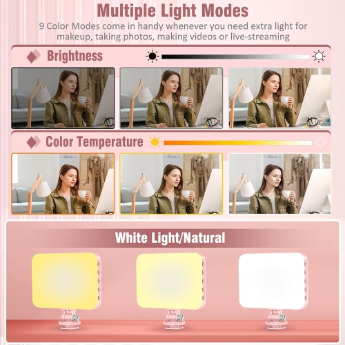 60 LED Portable Selfie Light Video Conference Lighting with Clip & Camera Tripod Adapter Rechargeable 2200mAh CRI 97+, 9 Light Modes for Phone iPhone