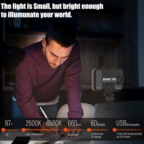 Selfie Light - USB-Rechargeable LED Phone Light - Portable Photo Light with 97+ CRI, Up to 6500K Color Temperature for Selfie, Zoom Conference,