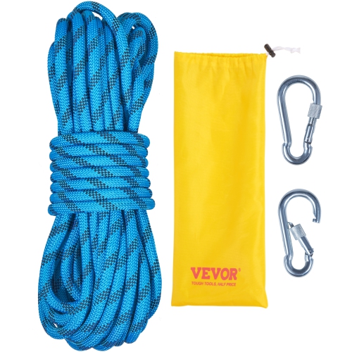 VEVOR 29.3M(96ft) 10.5 mm Static Climbing Rope, Outdoor Rock Climbing Rope 25KN Breaking Tension, Fiber Rope with Steel Snap Hooks for Escape,