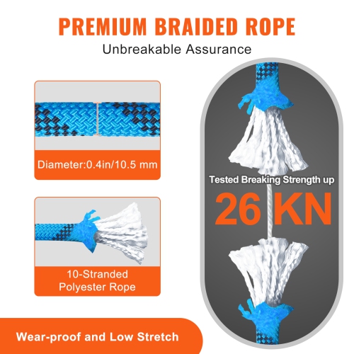 VEVOR 29.3M(96ft) 10.5 mm Static Climbing Rope, Outdoor Rock Climbing Rope 25KN Breaking Tension, Fiber Rope with Steel Snap Hooks for Escape,
