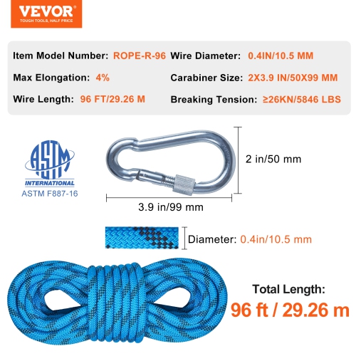 VEVOR 29.3M(96ft) 10.5 mm Static Climbing Rope, Outdoor Rock Climbing Rope 25KN Breaking Tension, Fiber Rope with Steel Snap Hooks for Escape,