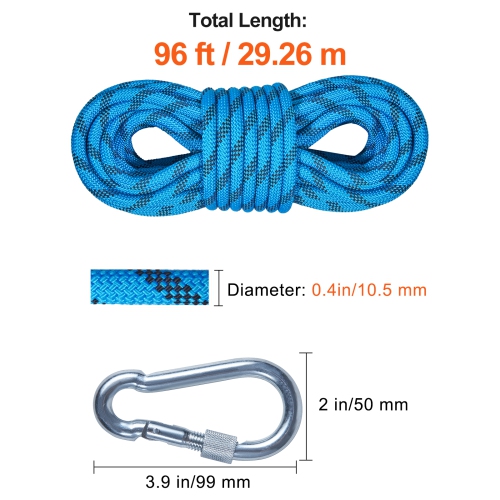 VEVOR 29.3M(96ft) 10.5 mm Static Climbing Rope, Outdoor Rock Climbing Rope 25KN Breaking Tension, Fiber Rope with Steel Snap Hooks for Escape,