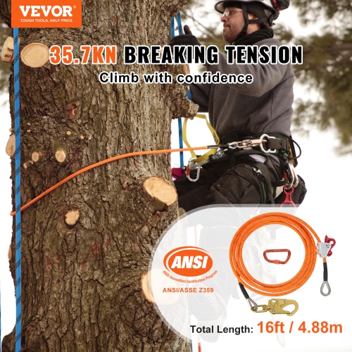 VEVOR 16ft(4.8m) 12.7mm Steel Core Flipline, Arborist Flipline for Tree Climbing with Alloy Steel Snap Hook & Aluminum Alloy Carabiner, 30KN Breaking