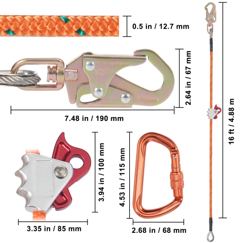 VEVOR 16ft(4.8m) 12.7mm Steel Core Flipline, Arborist Flipline for Tree Climbing with Alloy Steel Snap Hook & Aluminum Alloy Carabiner, 30KN Breaking