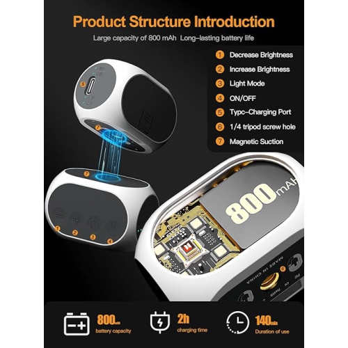 Magnetic Selfie Light with Phone Clip & Cold Shoe Mount - USB-C Rechargeable, 3 Light Modes, 10 Brightness Levels, Mini Magnetic Video Light for