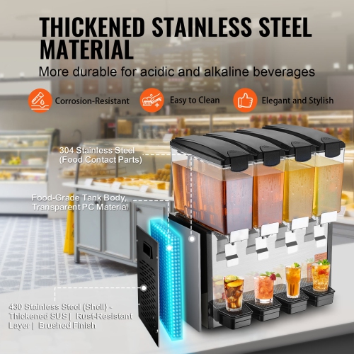 VEVOR 4 Tanks Commercial Beverage Dispenser, 10 L / 10.6 QT Per Tank Juice Dispenser, 430W Stainless Steel Ice Tea Drink Machine with 45°F-54°F