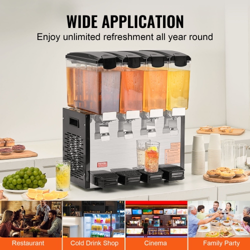 VEVOR 4 Tanks Commercial Beverage Dispenser, 10 L / 10.6 QT Per Tank Juice Dispenser, 430W Stainless Steel Ice Tea Drink Machine with 45°F-54°F