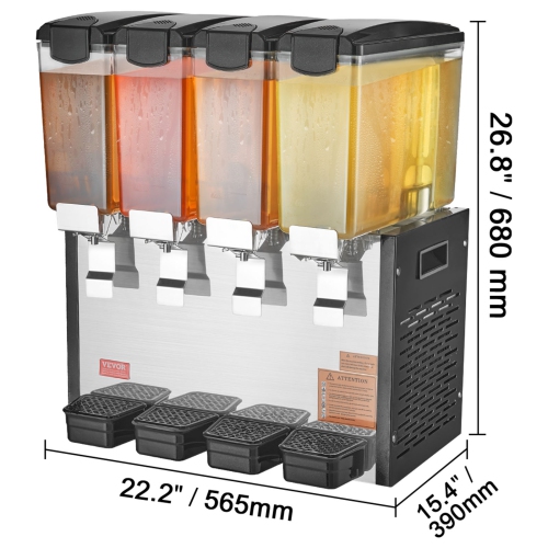 VEVOR 4 Tanks Commercial Beverage Dispenser, 10 L / 10.6 QT Per Tank Juice Dispenser, 430W Stainless Steel Ice Tea Drink Machine with 45°F-54°F