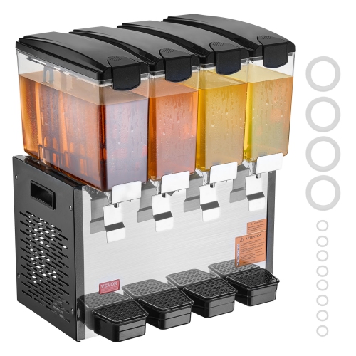 VEVOR 4 Tanks Commercial Beverage Dispenser, 10 L / 10.6 QT Per Tank Juice Dispenser, 430W Stainless Steel Ice Tea Drink Machine with 45°F-54°F