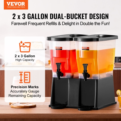 VEVOR Beverage Dispenser, 3 Gallon x 2 Drink Dispensers, Plastic Juice Dispenser with Stand Spigot Lid, Iced Tea Lemonade Juice Water Dispenser, for