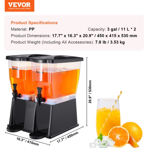 VEVOR Beverage Dispenser, 3 Gallon x 2 Drink Dispensers, Plastic Juice Dispenser with Stand Spigot Lid, Iced Tea Lemonade Juice Water Dispenser, for
